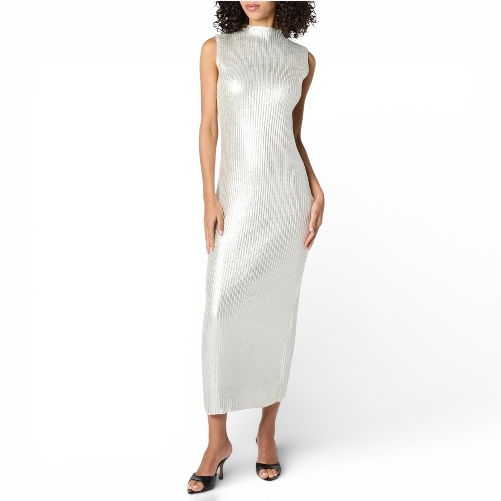 The‎ Drop Jodi HSF Metallic Ribbed Mock Neck Sleeveless Maxi Dress Silver XL